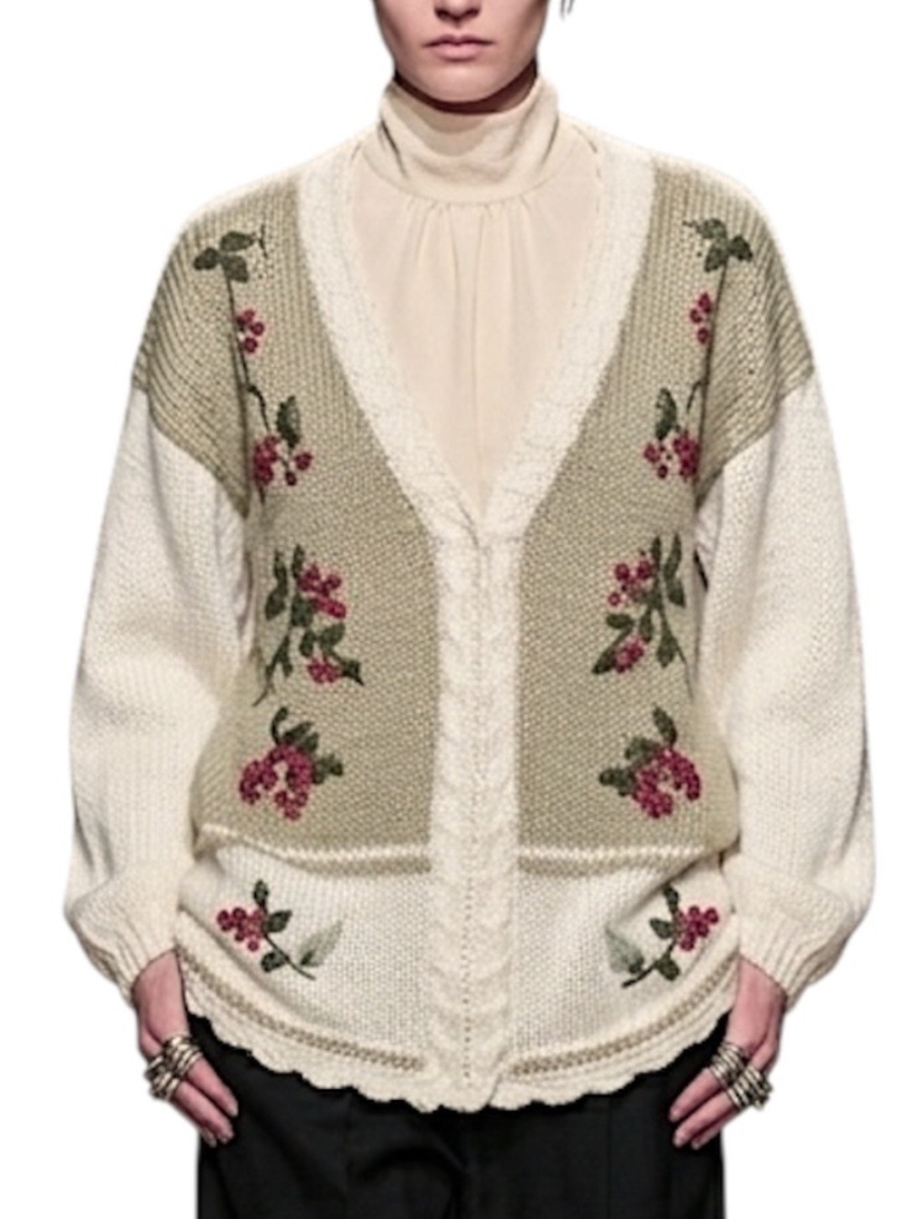 Vtg 90s hand knit cottagecore cream v neck floral embroidered grandma sweater 42